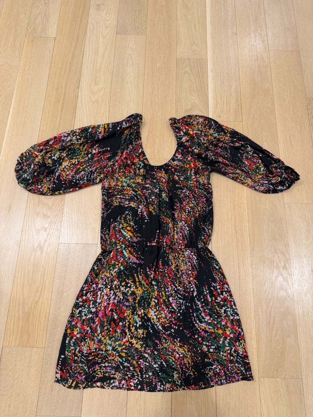 Parker Black Multi-Color Abstract Puff-Sleeve Mini Dress